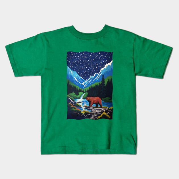 Grizzly Bear Mountains Lake Trees Stars in the Night Sky Kids T-Shirt by Pine Hill Goods